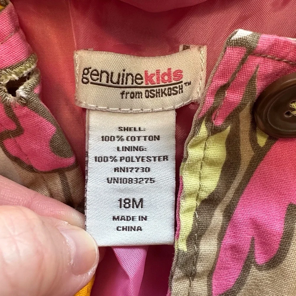 Oshkosh pink yellow floral print lined hooded button‎ jacket toddler girls 18 mo